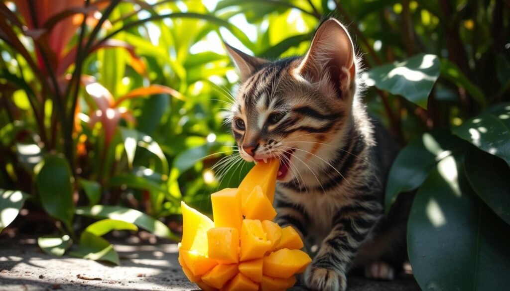 cat eating mango