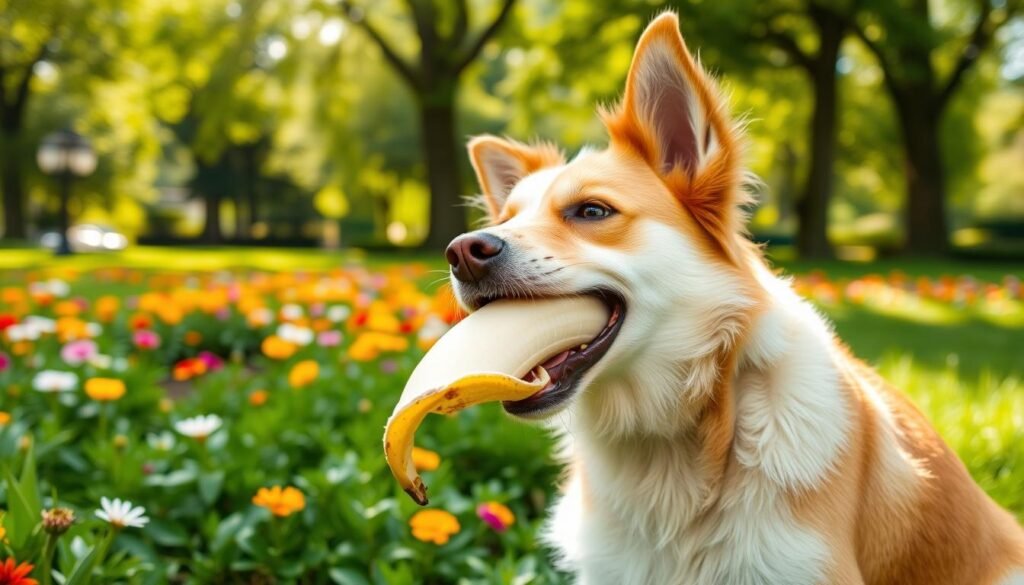 dog eating banana