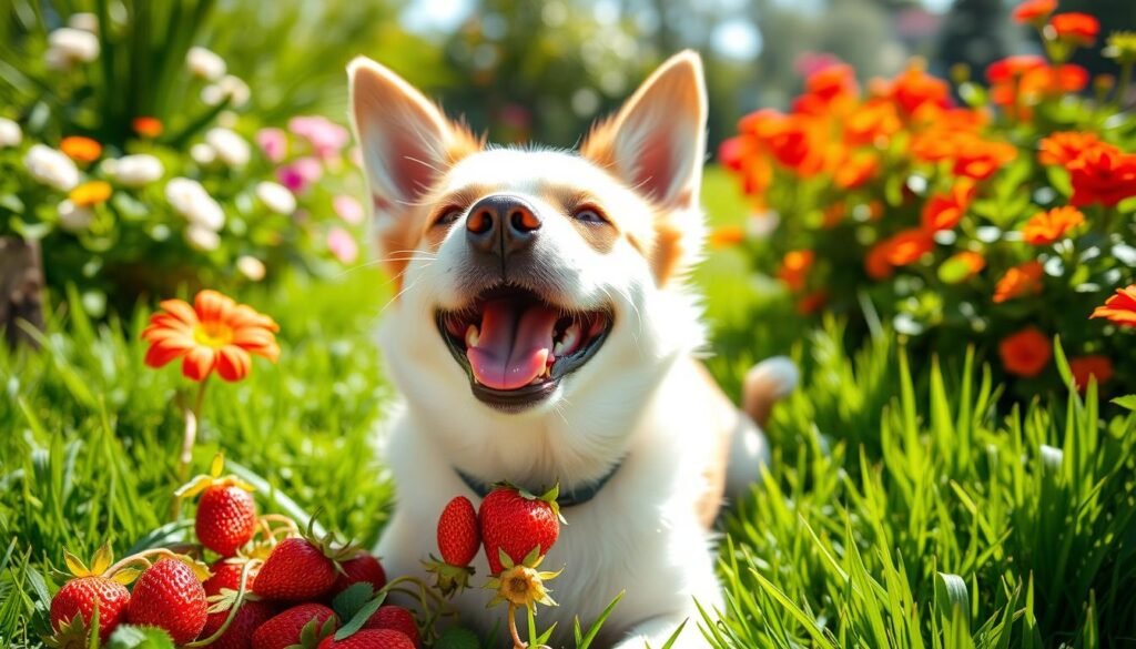 dog eating strawberries